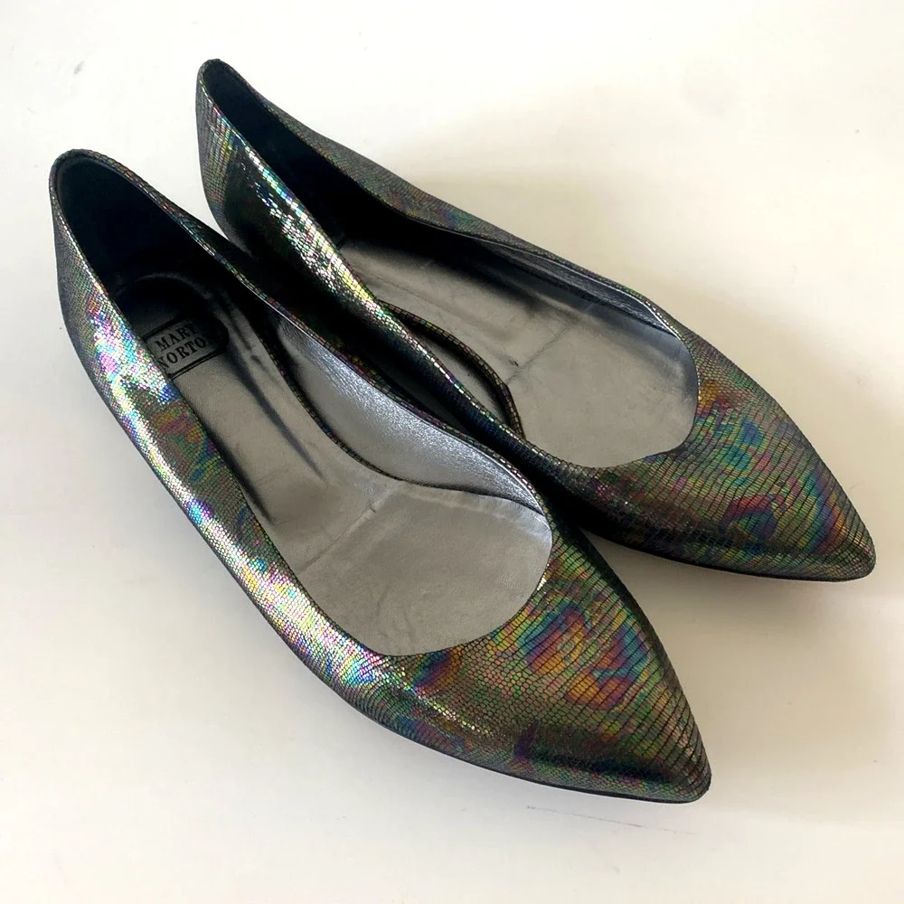 Mary Norton Ballet Flat Point Toe Leather Multi Color Snake Embossed 38.5